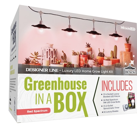 Miracle Led 4-Socket Greenhouse in a Box Grow Light Kit Red Spec 9W Replace 150W Bulb, Black Shades, Timer 802415